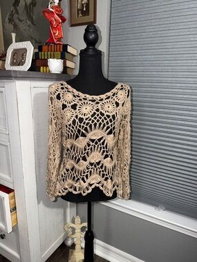 🫶🏼Umgee Beige Crochet Long Sleeve Open Knit Top size medium
